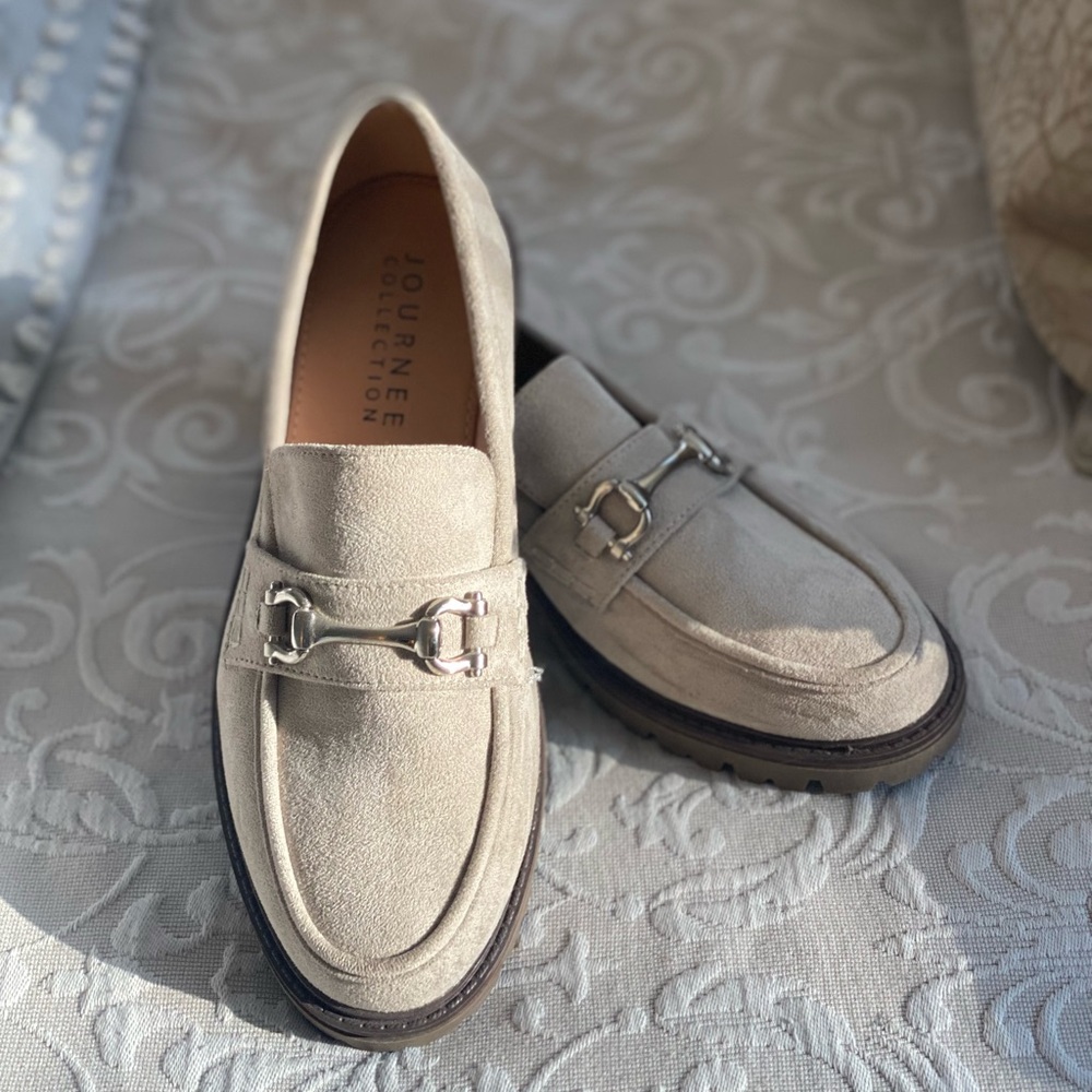 Journee Collection Cream Loafers with Horsebit Detail